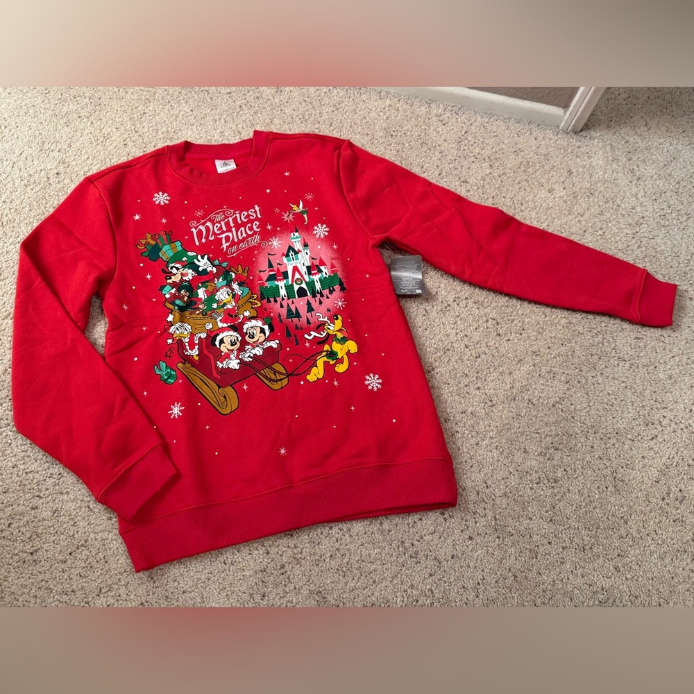 Disney Red Holiday Sweatshirt with Mickey and Friends